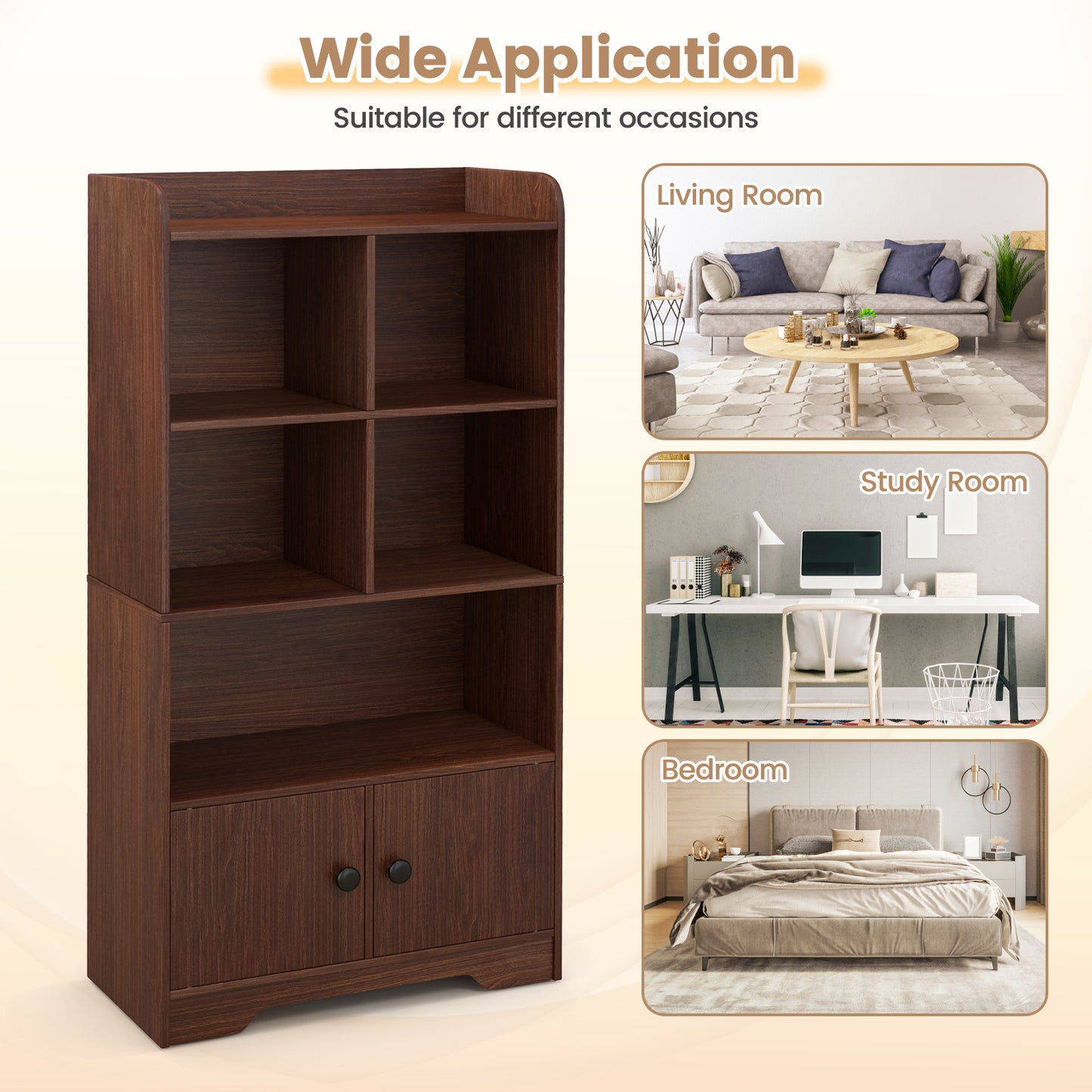 4 Tiers Bookshelf with 4 Cubes Display Shelf and 2 Doors-Brown