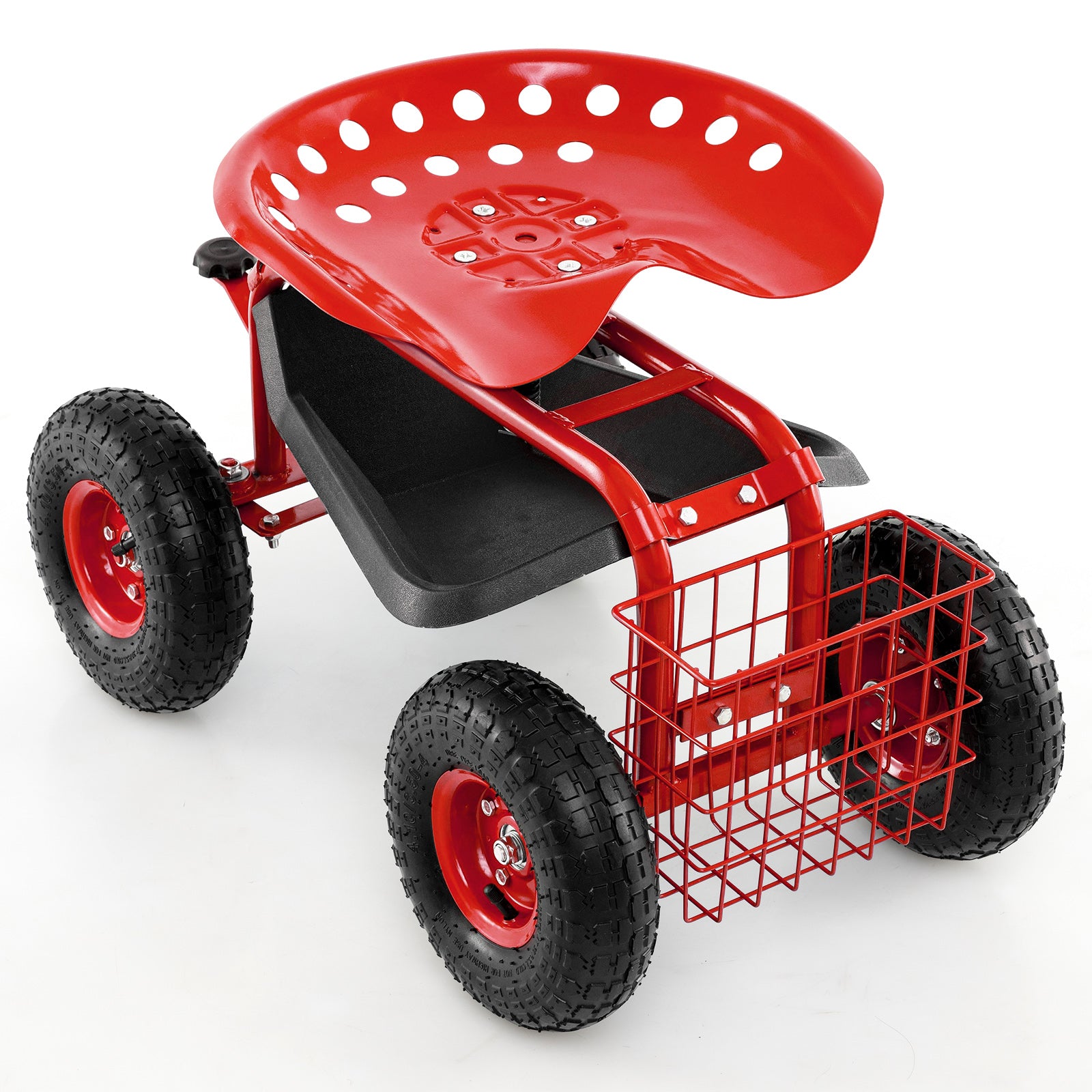 4-Wheel Rolling Garden Cart Work Seat-Green - Red