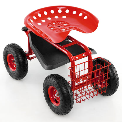 4-Wheel Rolling Garden Cart Work Seat-Green - Red