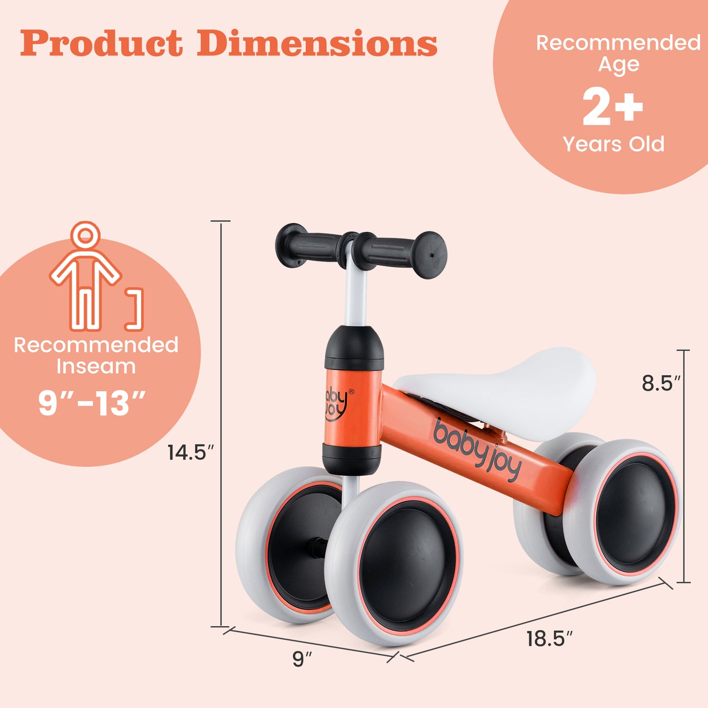 Baby Balance Bike for 2 Years Old Boys Girls No Pedal 4 Wheels-Blue - Orange