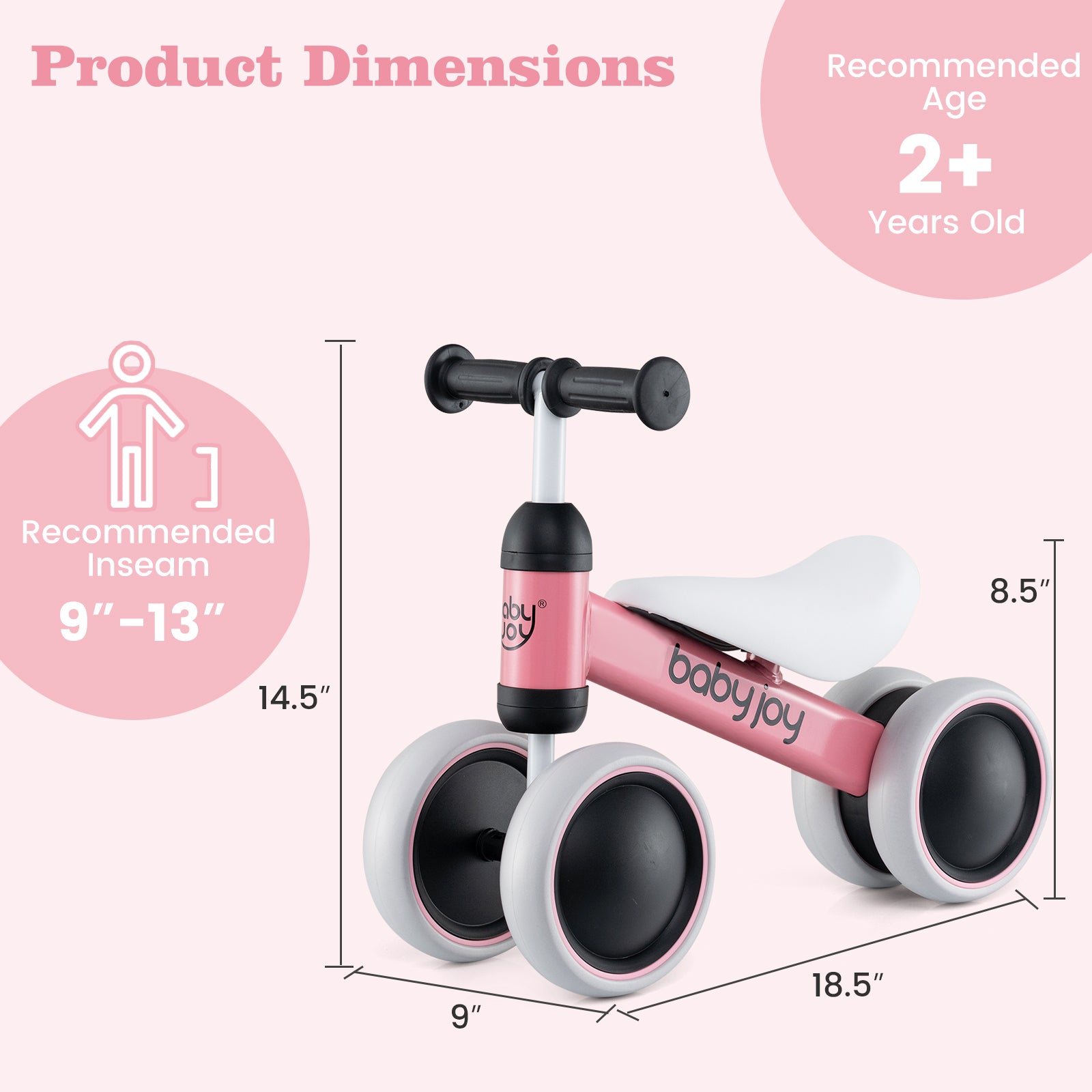 Baby Balance Bike for 2 Years Old Boys Girls No Pedal 4 Wheels-Blue - Pink