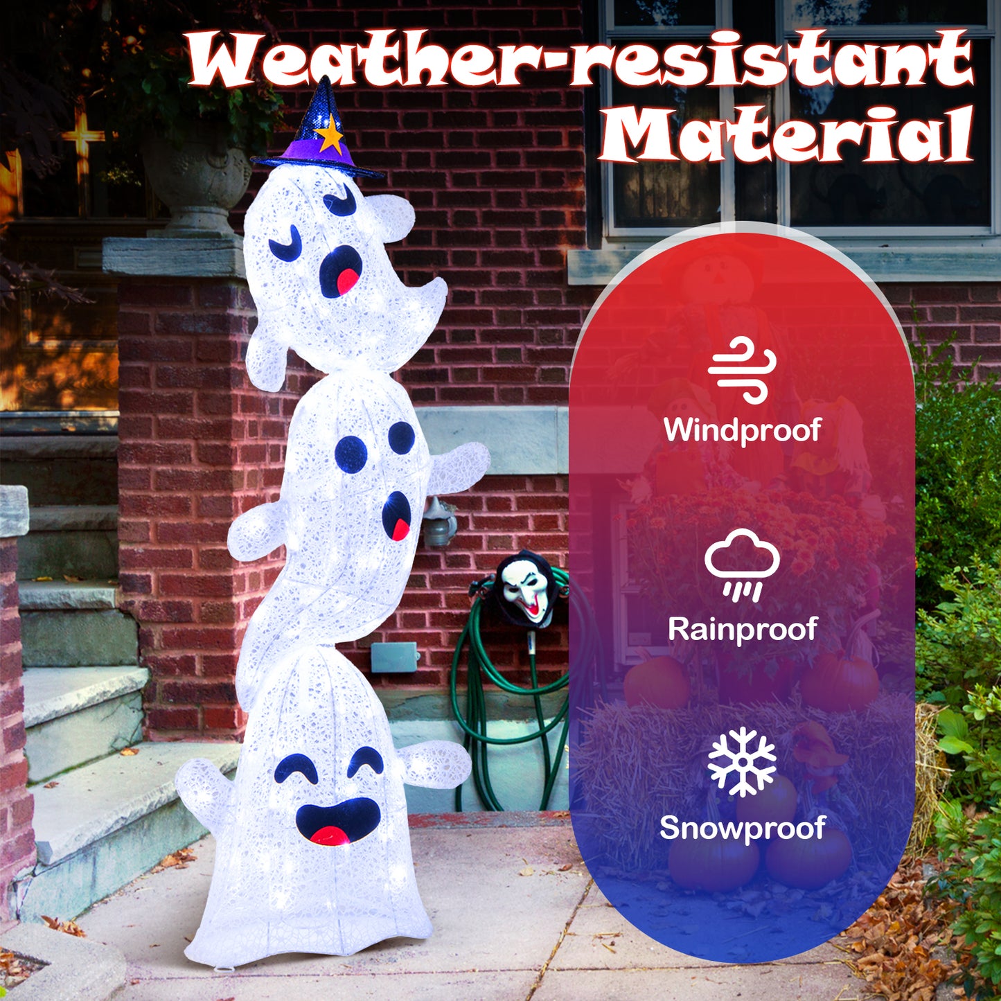 4 FT Lighted Standing Halloween Decoration Stacked Ghosts with 120 LED Lights