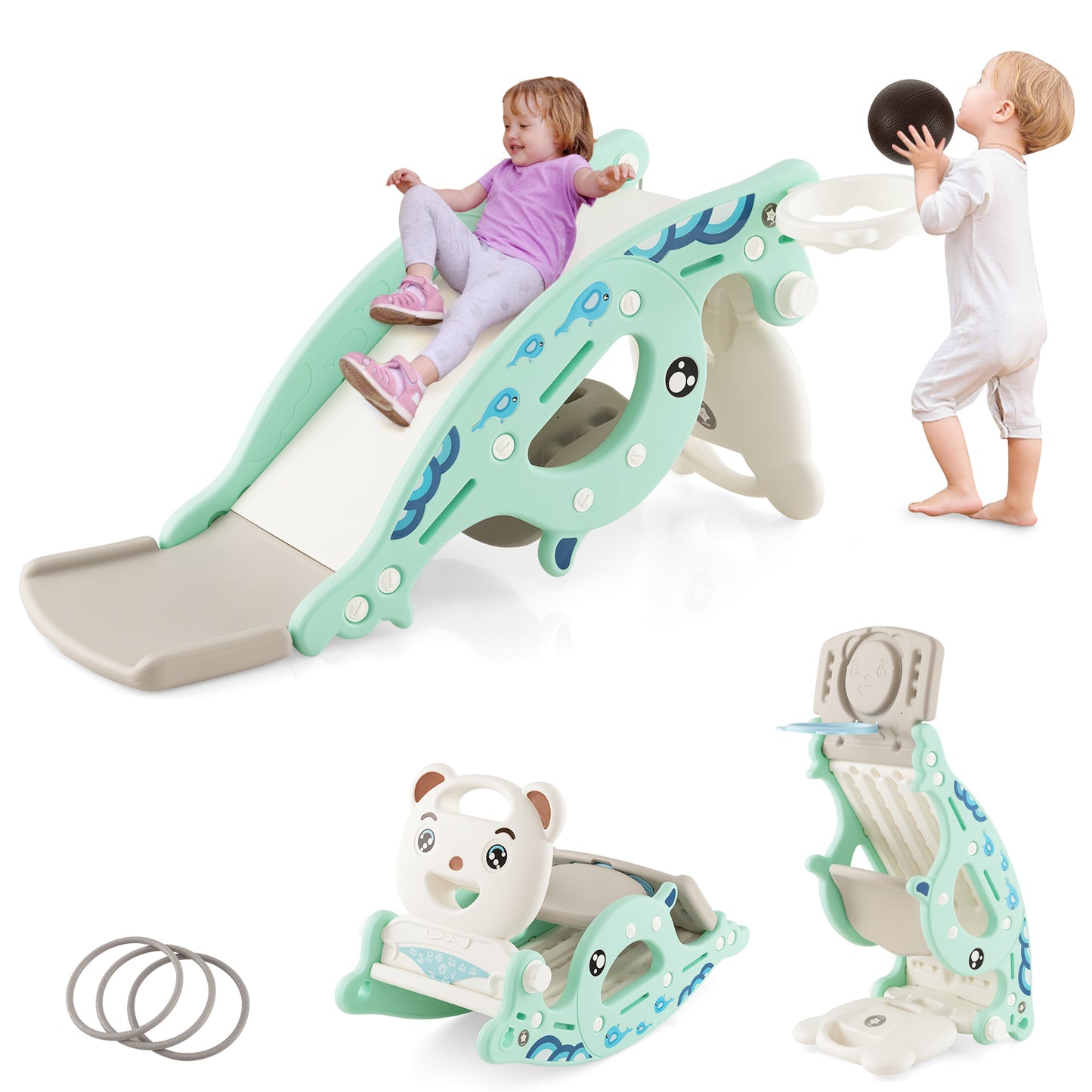 4-in-1 Kids Slide Rocking Horse with Basketball and Ring Toss