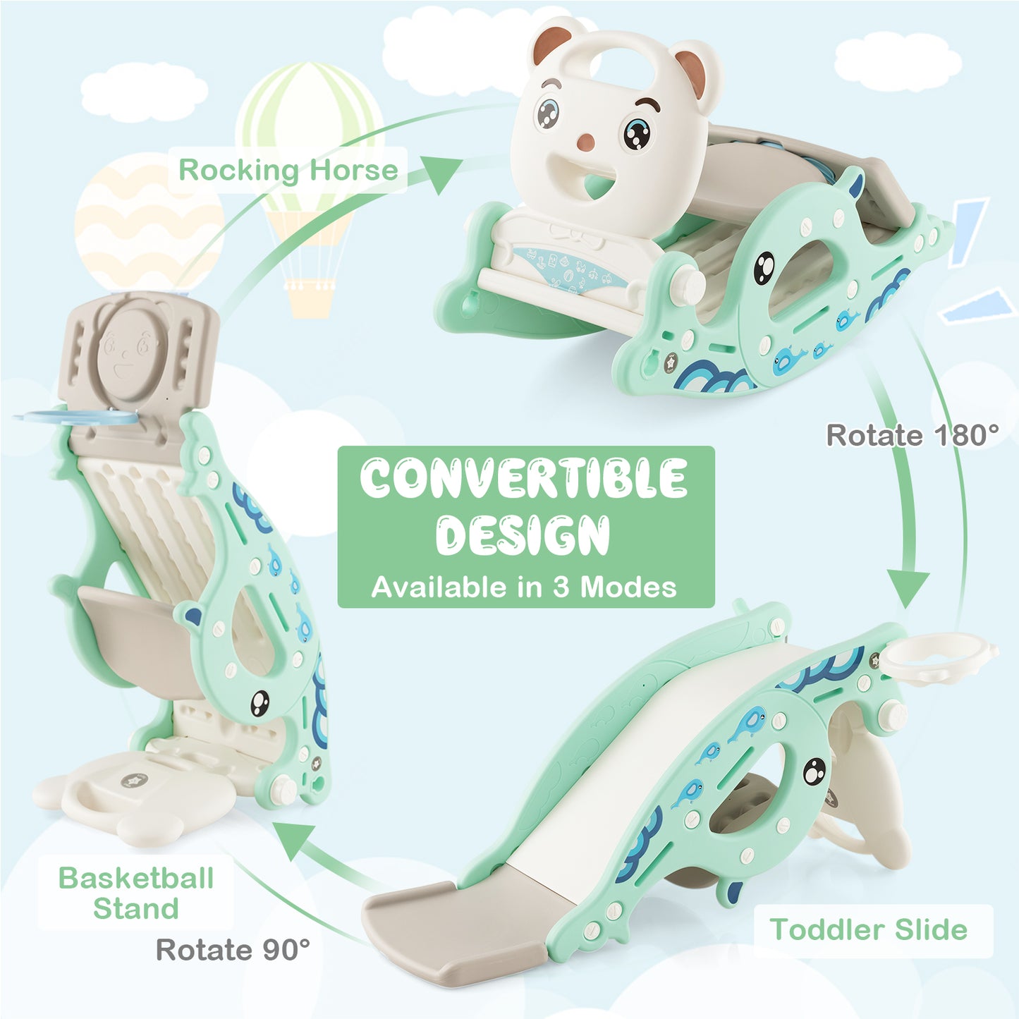 4-in-1 Kids Slide Rocking Horse with Basketball and Ring Toss