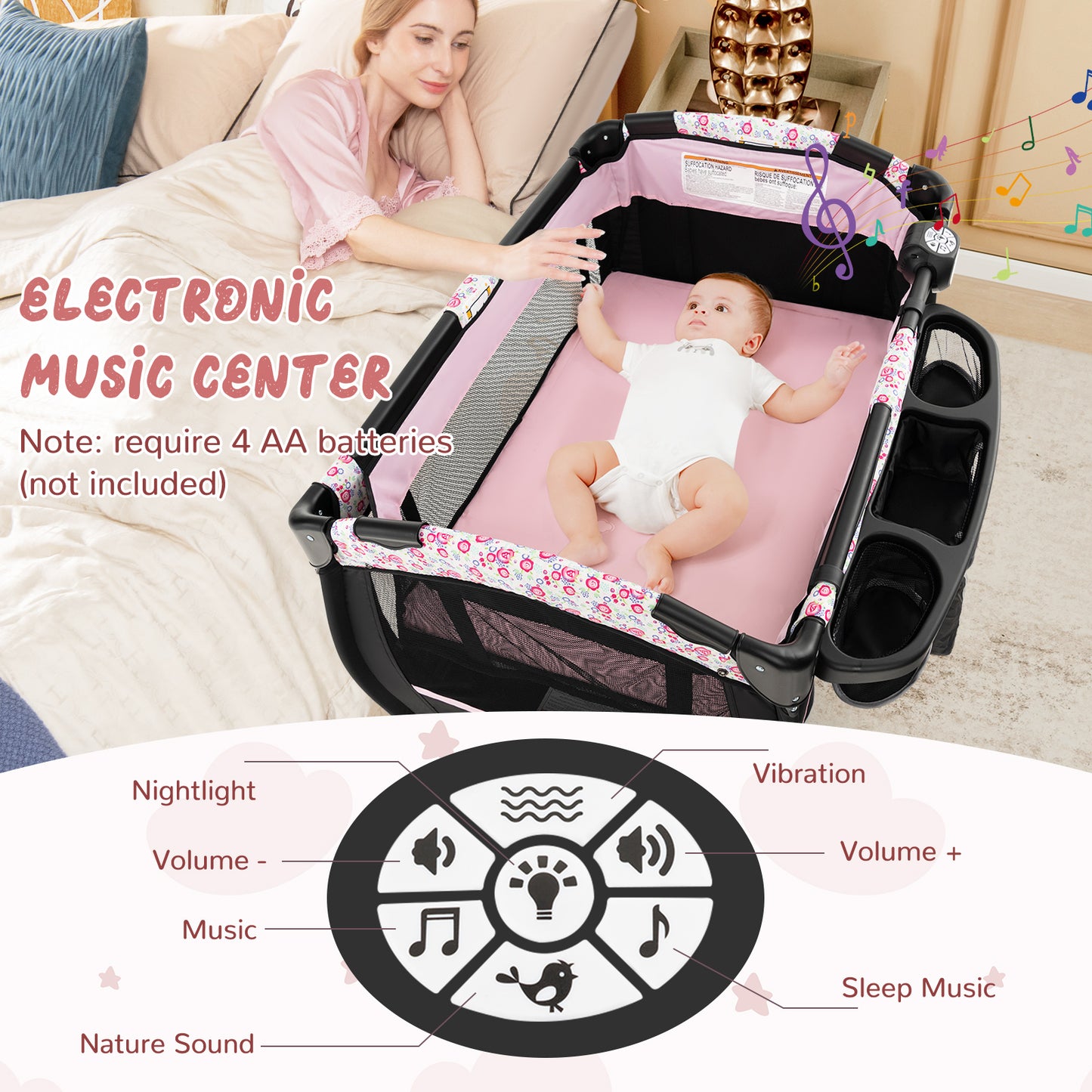 4 in 1 Portable Pack and Play Baby Nursery Center with Bassinet-Pink - Pink