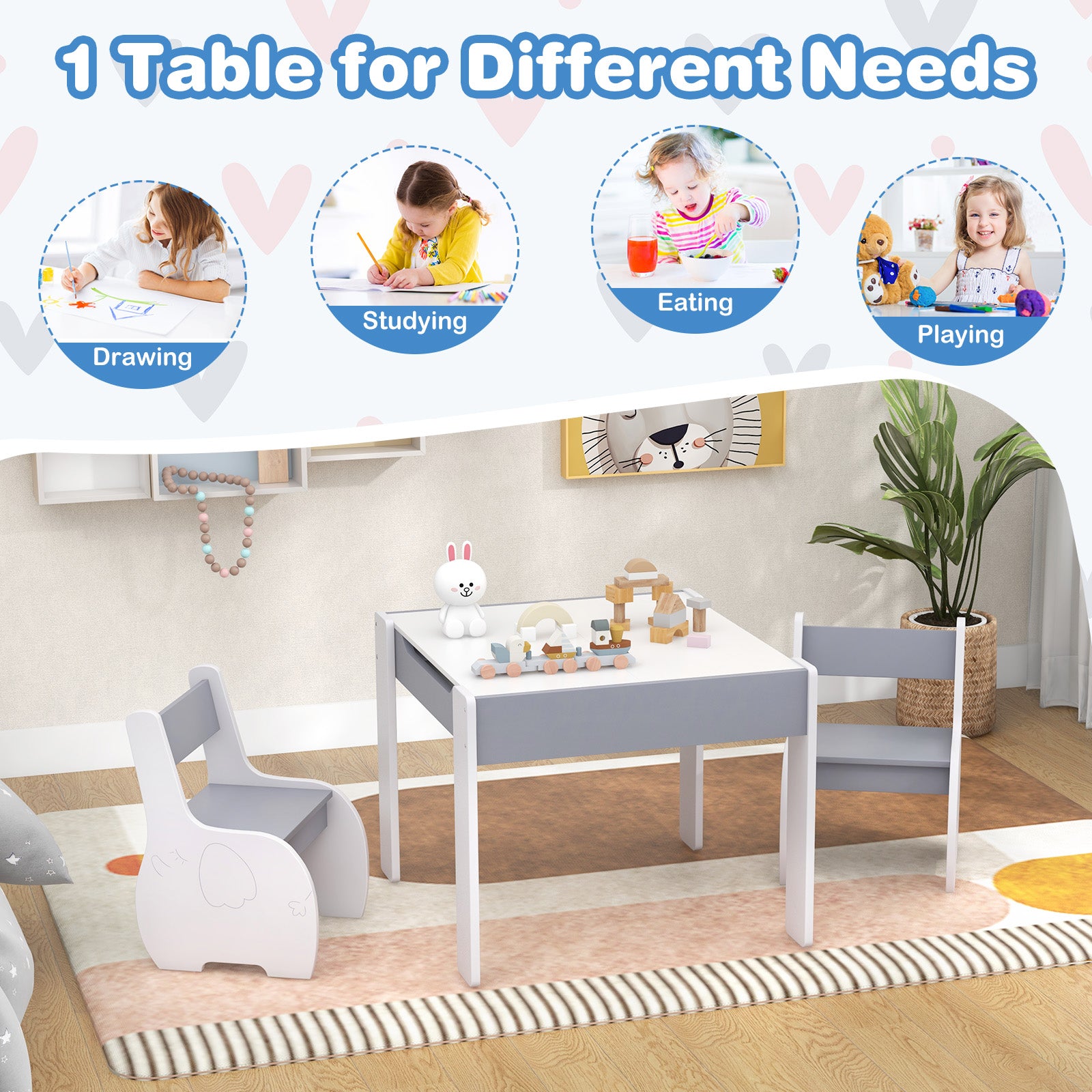 4-in-1 Wooden Activity Kids Table and Chairs with Storage and Detachable Blackboard-Gray