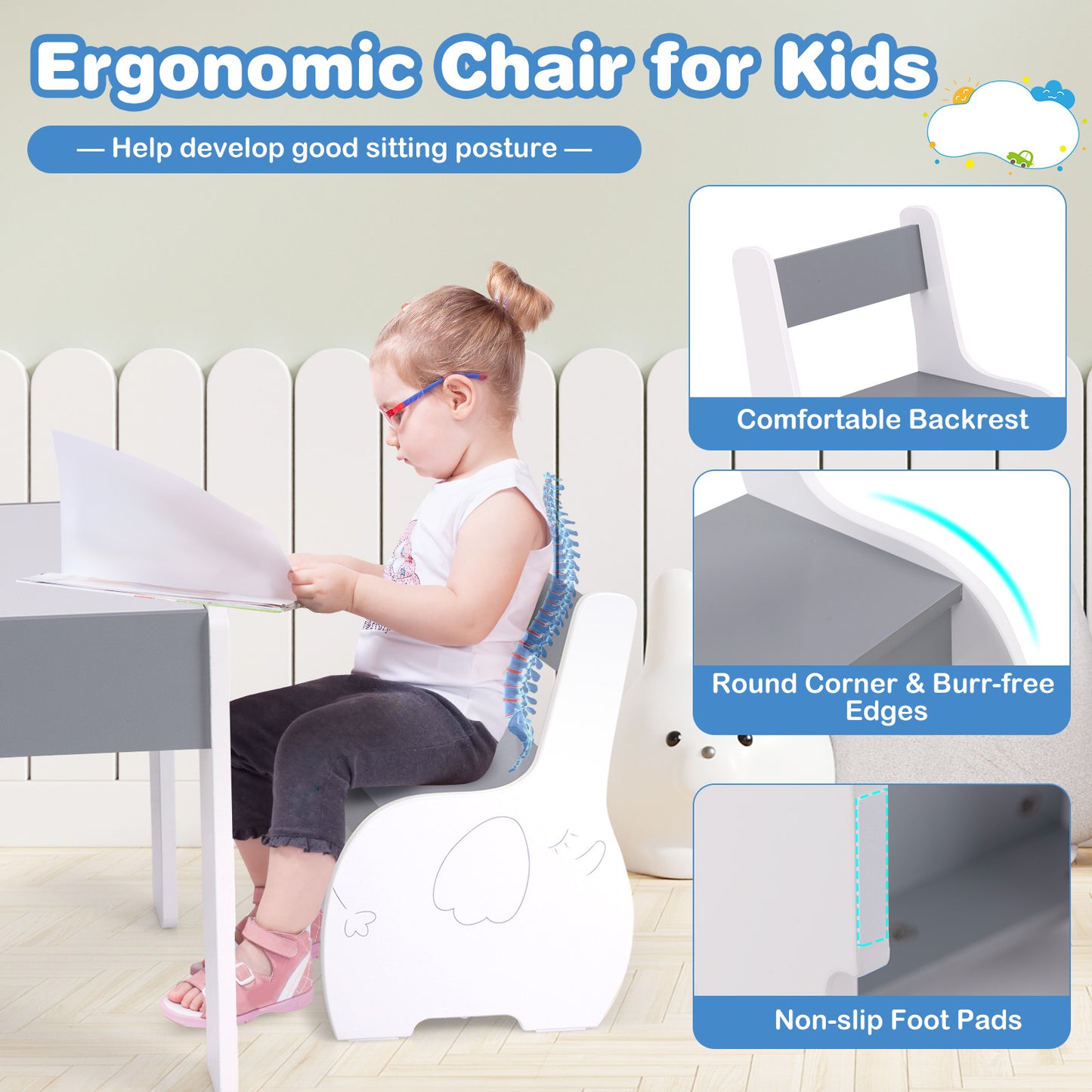 4-in-1 Wooden Activity Kids Table and Chairs with Storage and Detachable Blackboard-Gray