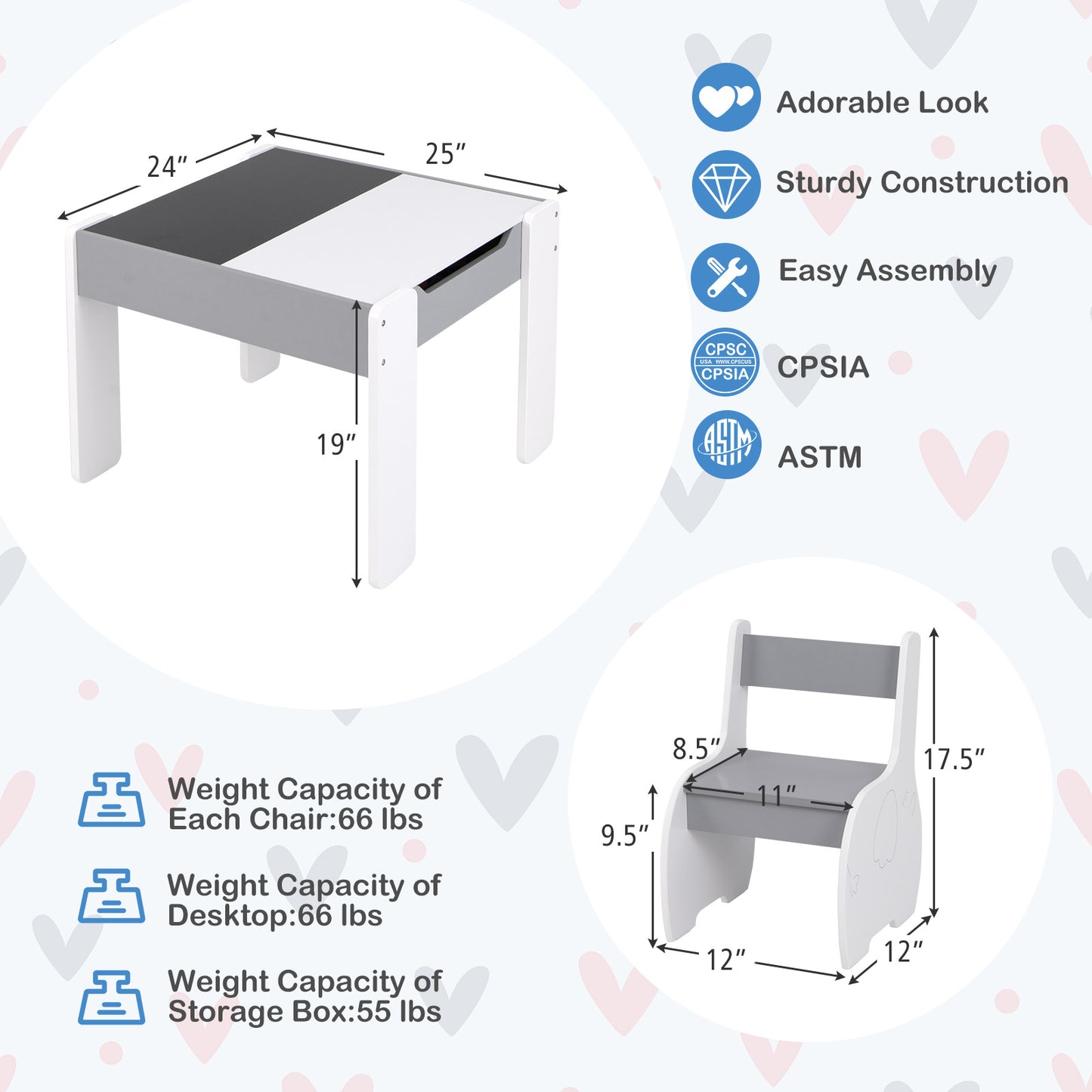 4-in-1 Wooden Activity Kids Table and Chairs with Storage and Detachable Blackboard-Gray