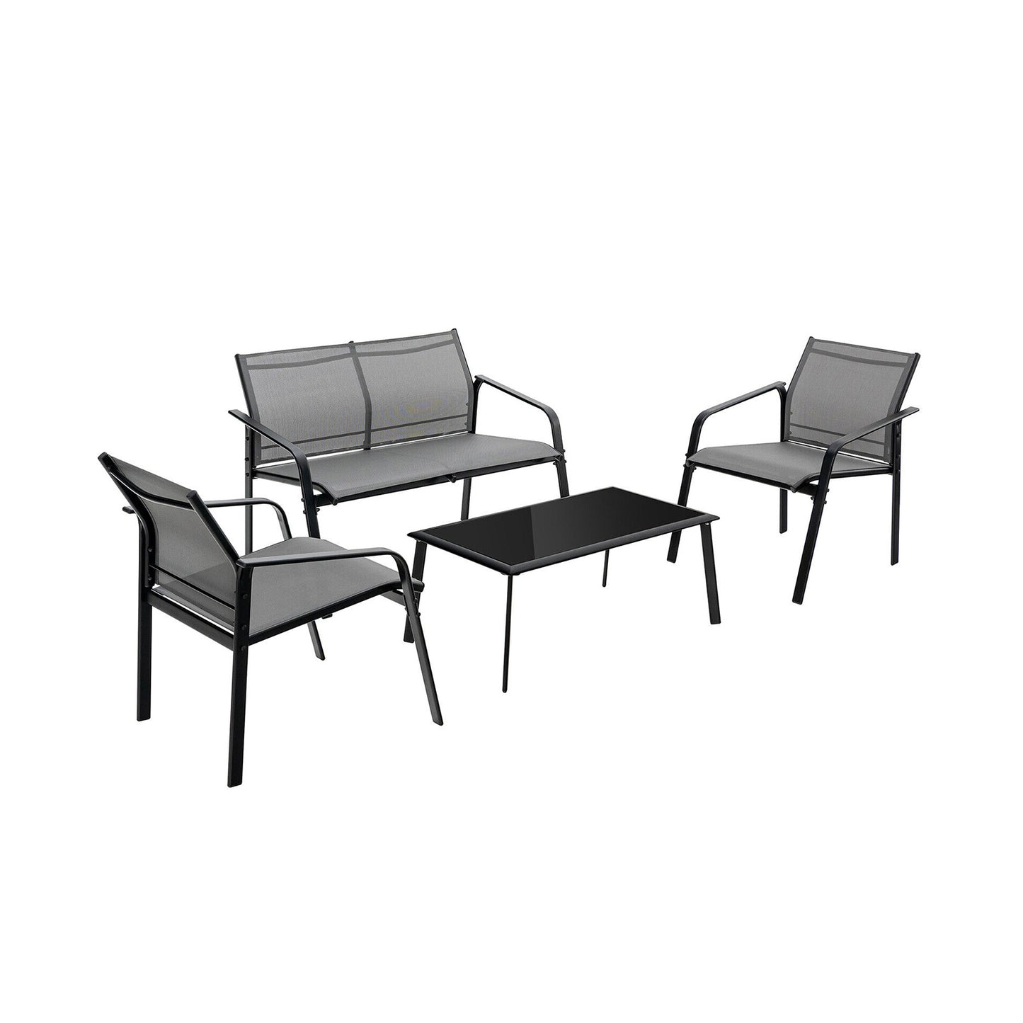 4 Pieces Patio Furniture Set with Armrest Loveseat Sofas and Glass Table Deck-Black - Gray