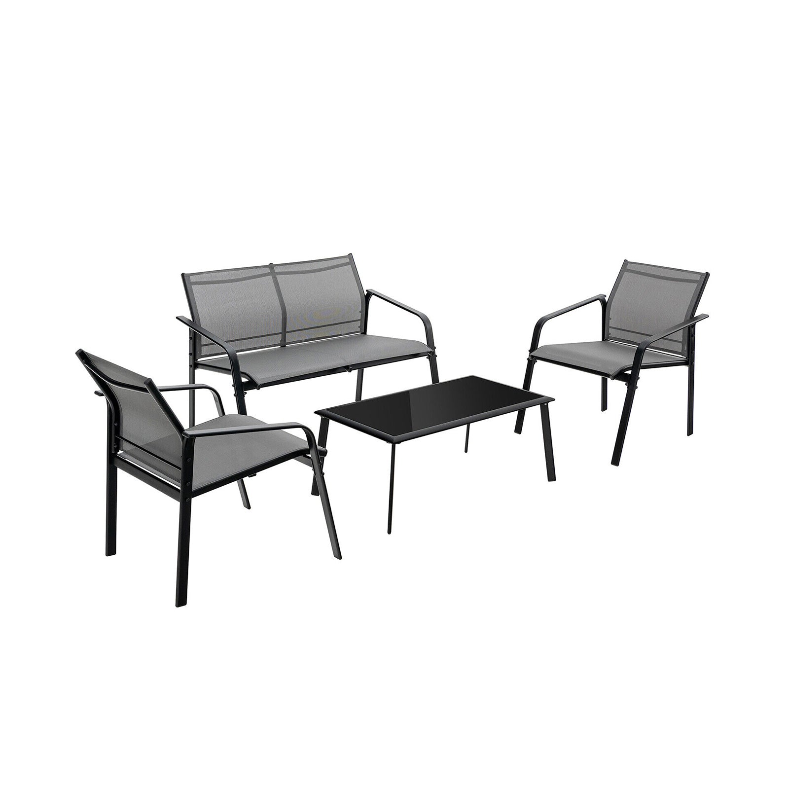 4 Pieces Patio Furniture Set with Armrest Loveseat Sofas and Glass Table Deck-Black - Gray