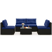 5-Piece Outdoor Patio Furniture Set with Cushions and Coffee Table-Black - Navy
