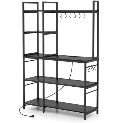 5-Tier Bakers Rack with Power Outlets and 10 S-Shaped Hooks-Black - Black