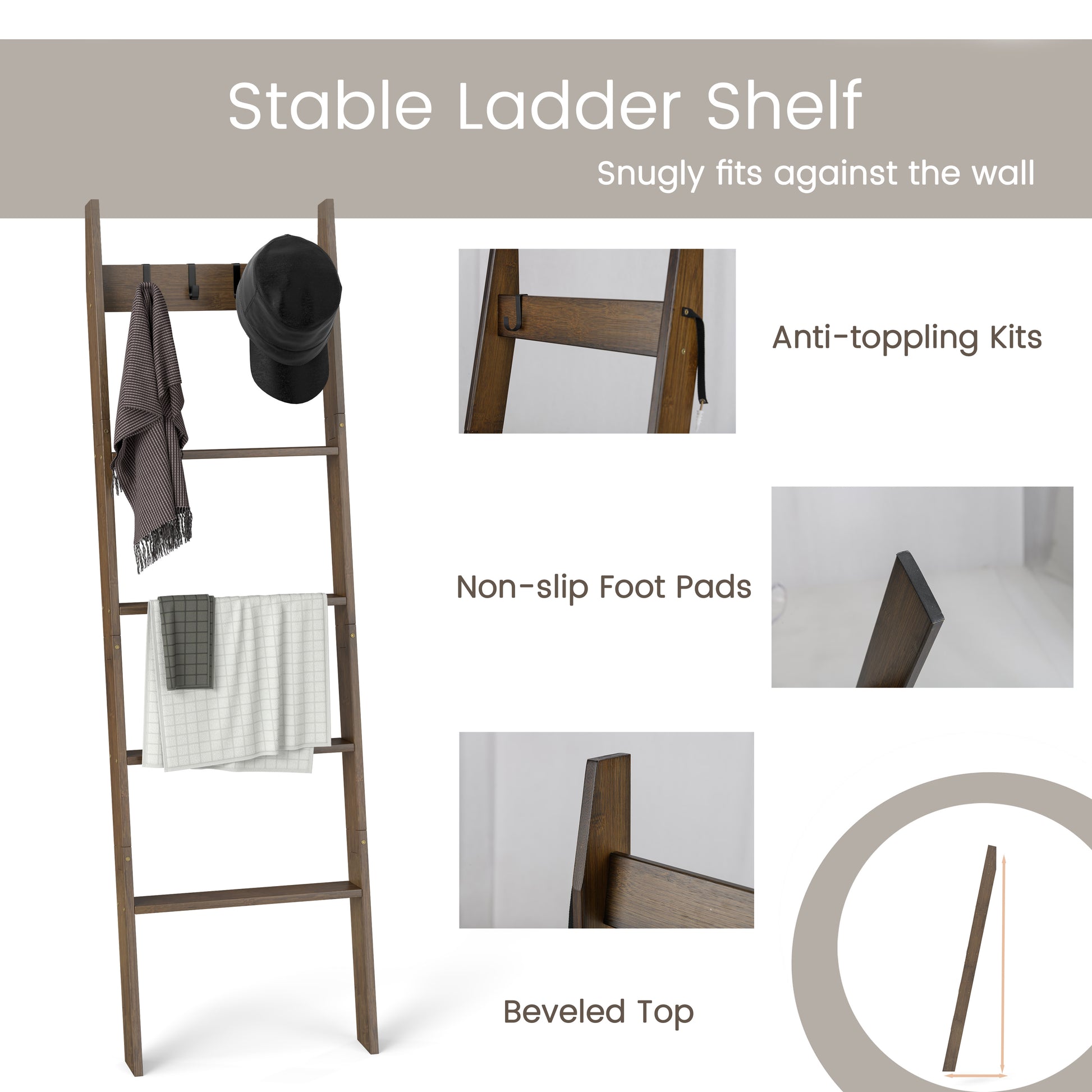 5-Tier Bamboo Ladder Bookshelf with 4 Removable Hooks-Brown