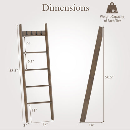 5-Tier Bamboo Ladder Bookshelf with 4 Removable Hooks-Brown