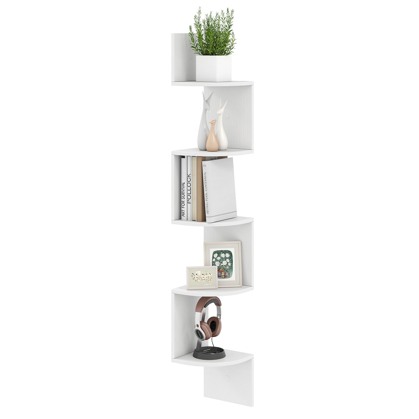 5-Tier Corner Shelf Floating Bookshelf Wall Mounted Storage Organizer-White - White