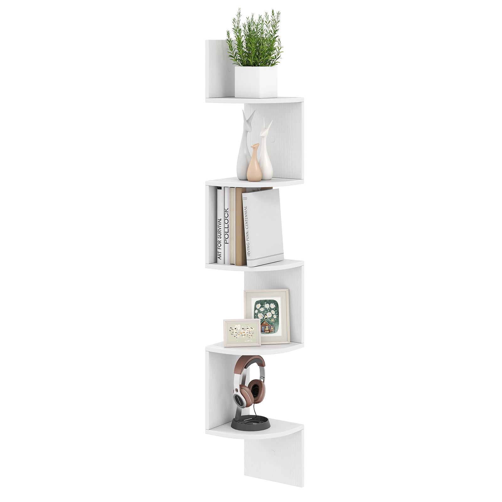 5-Tier Corner Shelf Floating Bookshelf Wall Mounted Storage Organizer-White - White