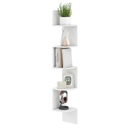 5-Tier Corner Shelf Floating Bookshelf Wall Mounted Storage Organizer-White - White