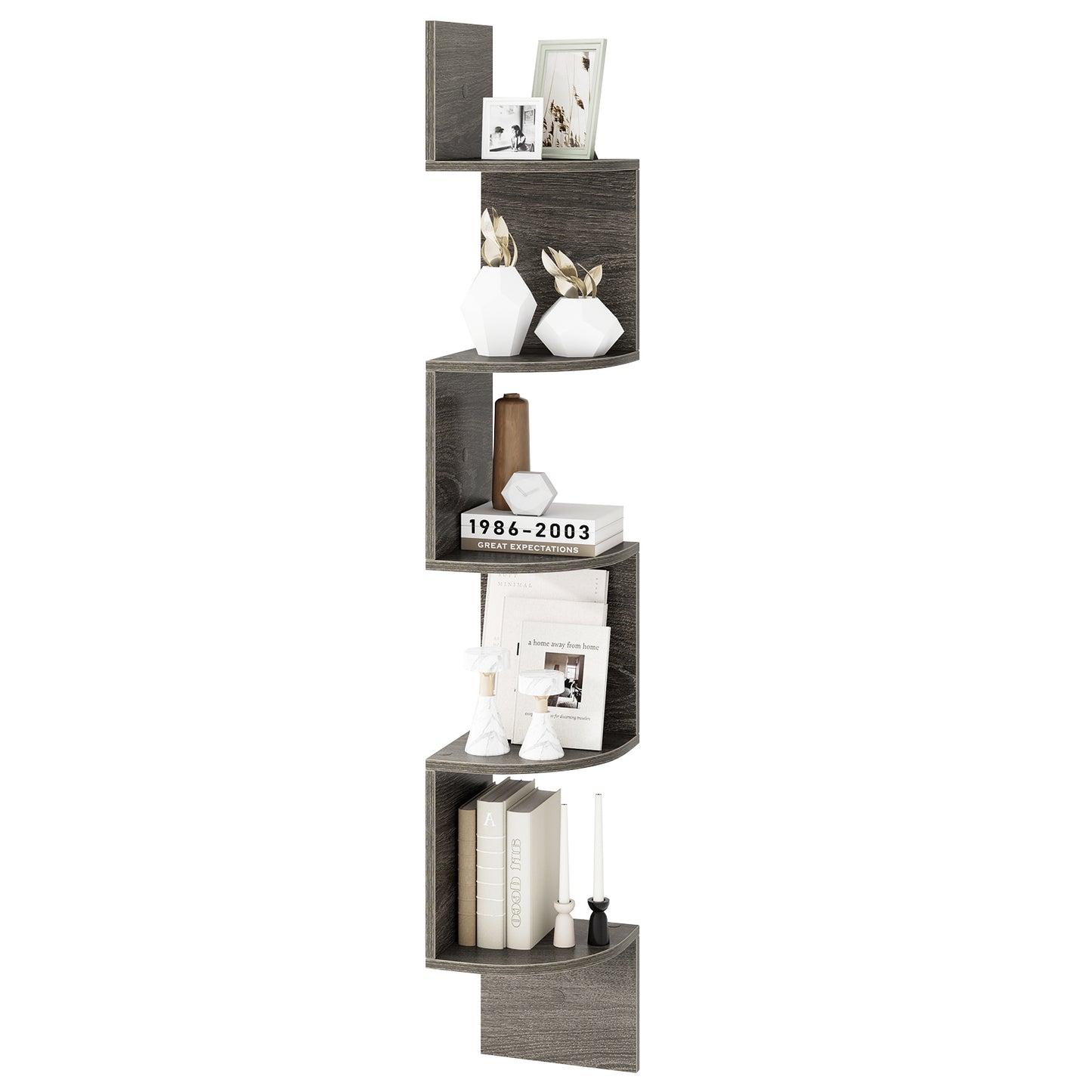 5-Tier Corner Shelf Floating Bookshelf Wall Mounted Storage Organizer-White - Oak
