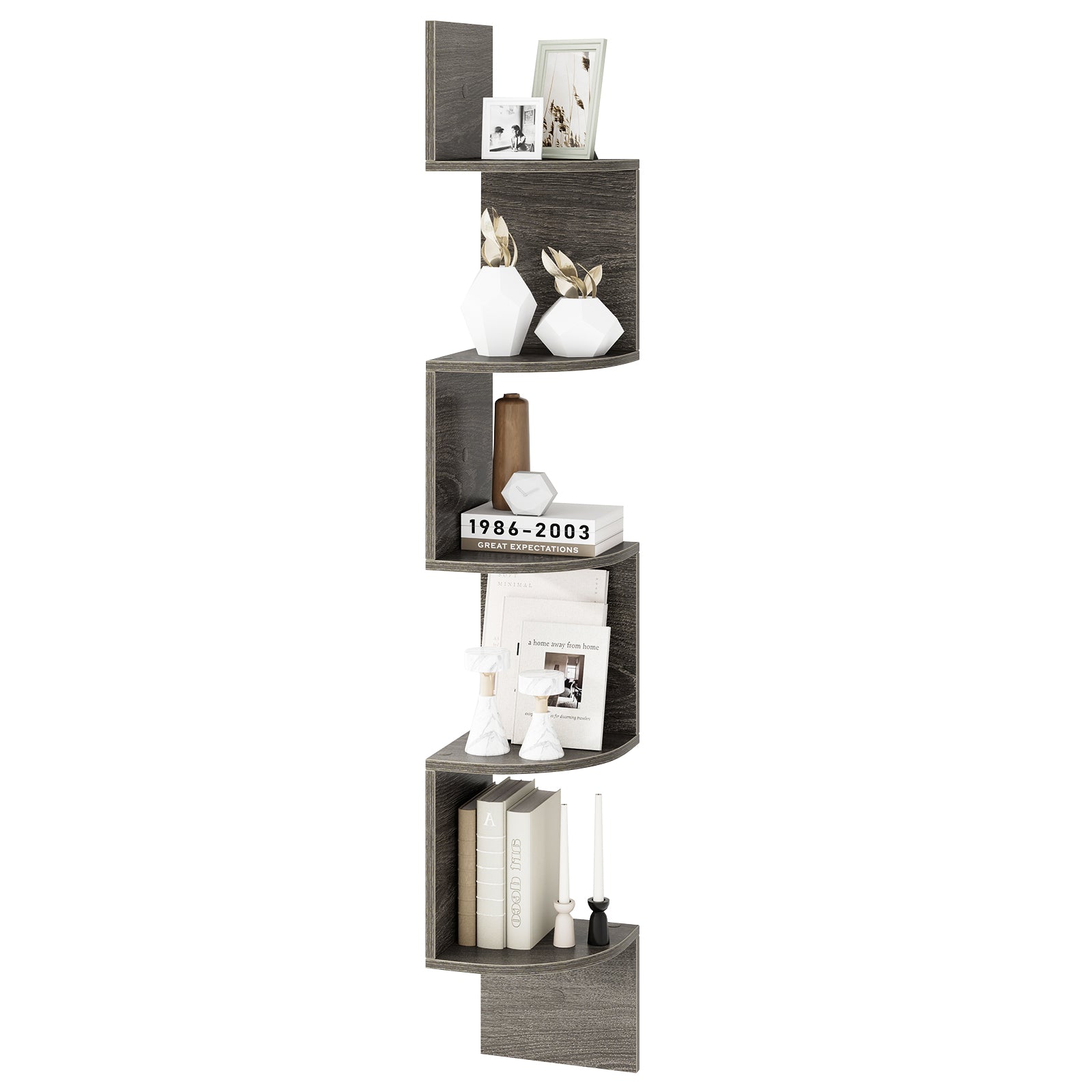 5-Tier Corner Shelf Floating Bookshelf Wall Mounted Storage Organizer-White - Oak
