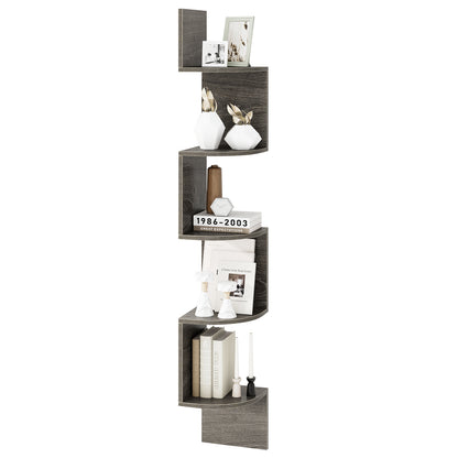 5-Tier Corner Shelf Floating Bookshelf Wall Mounted Storage Organizer-White - Oak