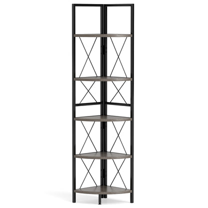 5-Tier Freestanding Corner Shelf 63 Inch Tall Storage Rack-Rustic Brown - Oak