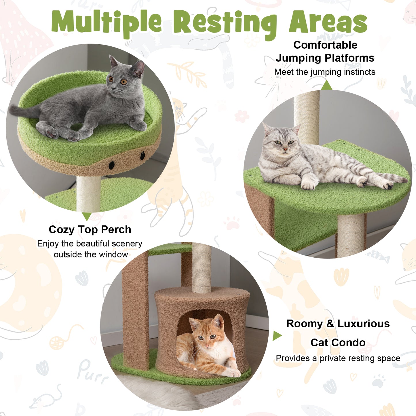 5-Tier Modern Cat Tree Tower for Indoor Cats with Sisal Scratching Posts-Green