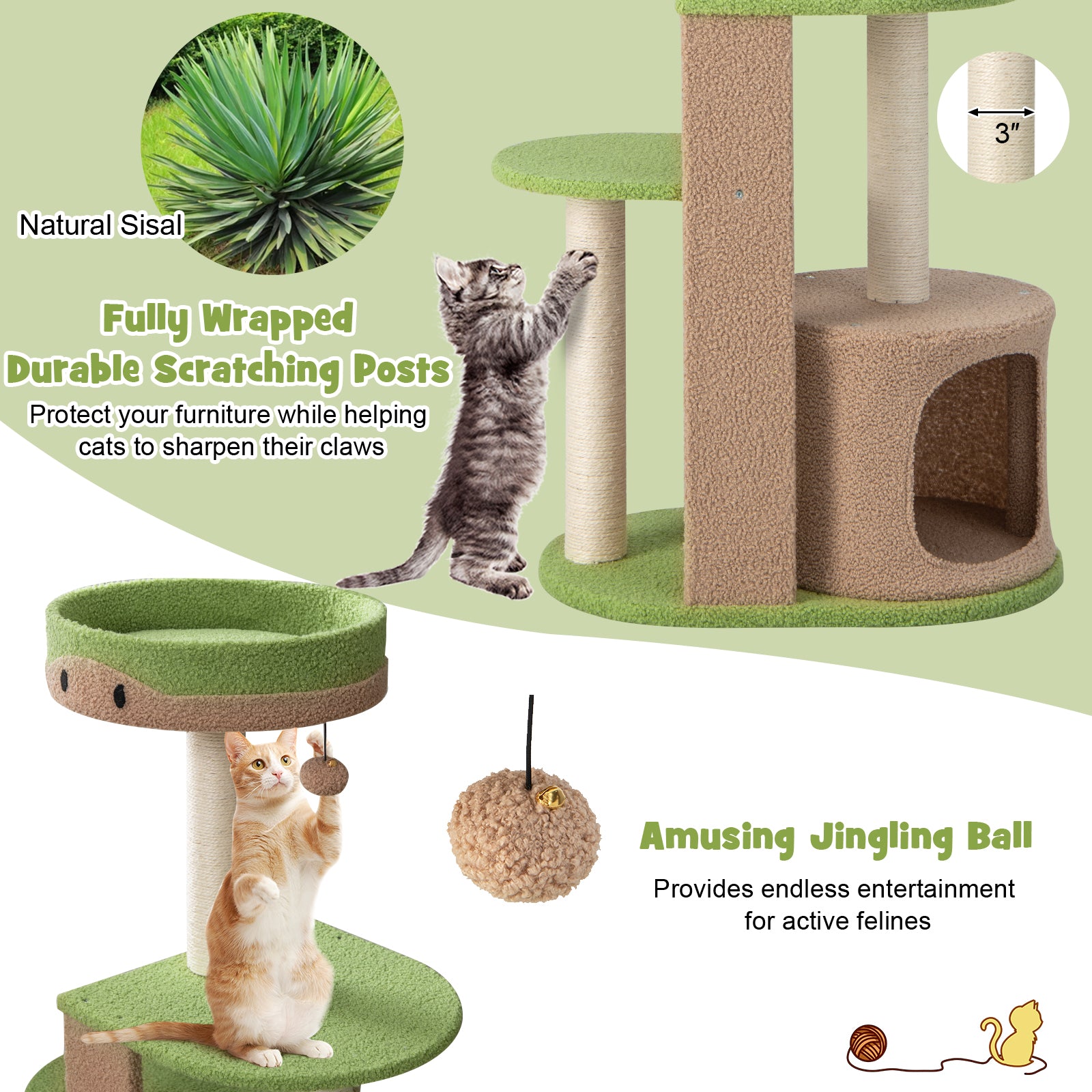 5-Tier Modern Cat Tree Tower for Indoor Cats with Sisal Scratching Posts-Green