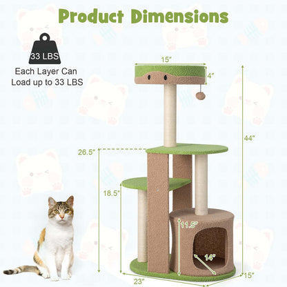 5-Tier Modern Cat Tree Tower for Indoor Cats with Sisal Scratching Posts-Green