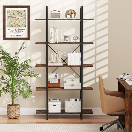 5-Tier 62 Inch Tall Vintage Industrial Bookcase with Open Storage Shelves-Rustic Brown