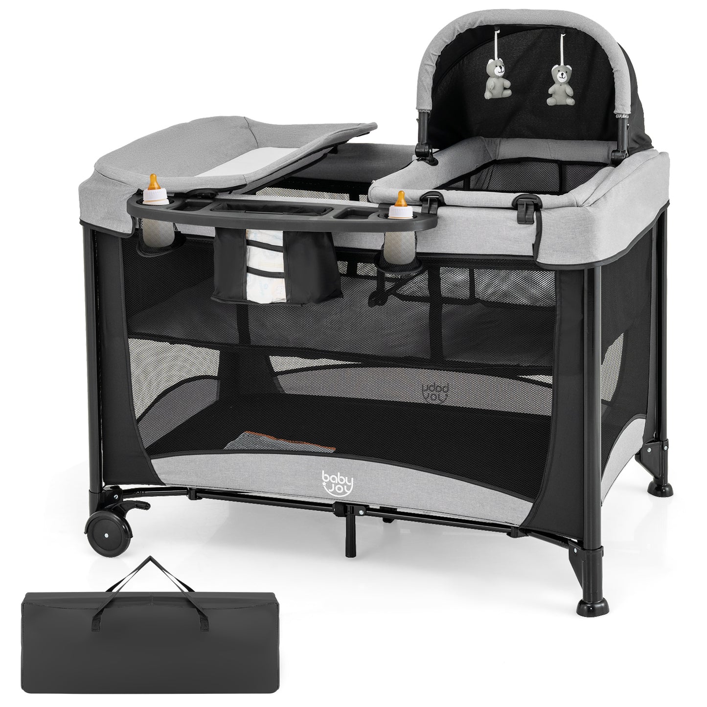 5-in-1 Portable Baby Playard with Cradle and Storage Basket