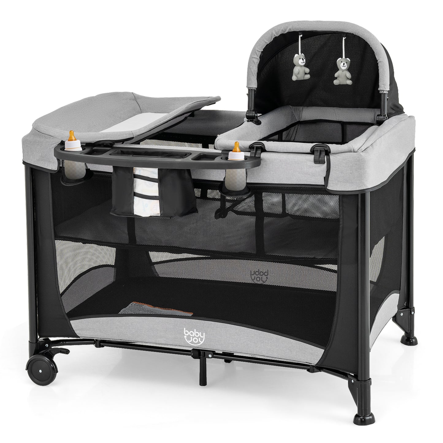 5-in-1 Portable Baby Playard with Cradle and Storage Basket