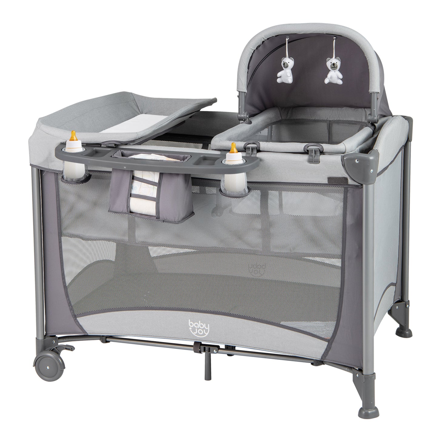 5-in-1 Portable Baby Playard with Cradle and Storage Basket-Gray - Gray
