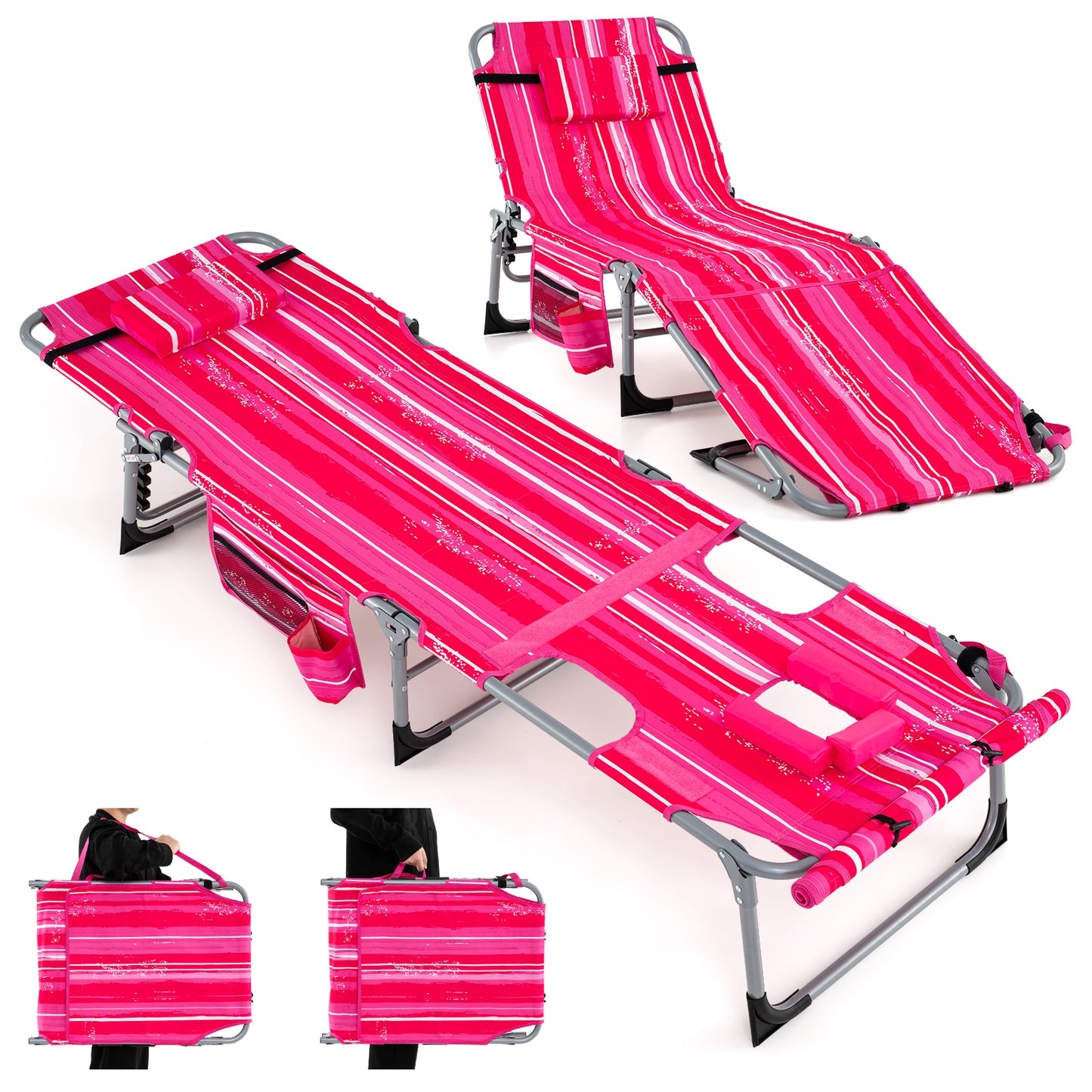 5-position Outdoor Folding Chaise Lounge Chair-Blue - Rose Red