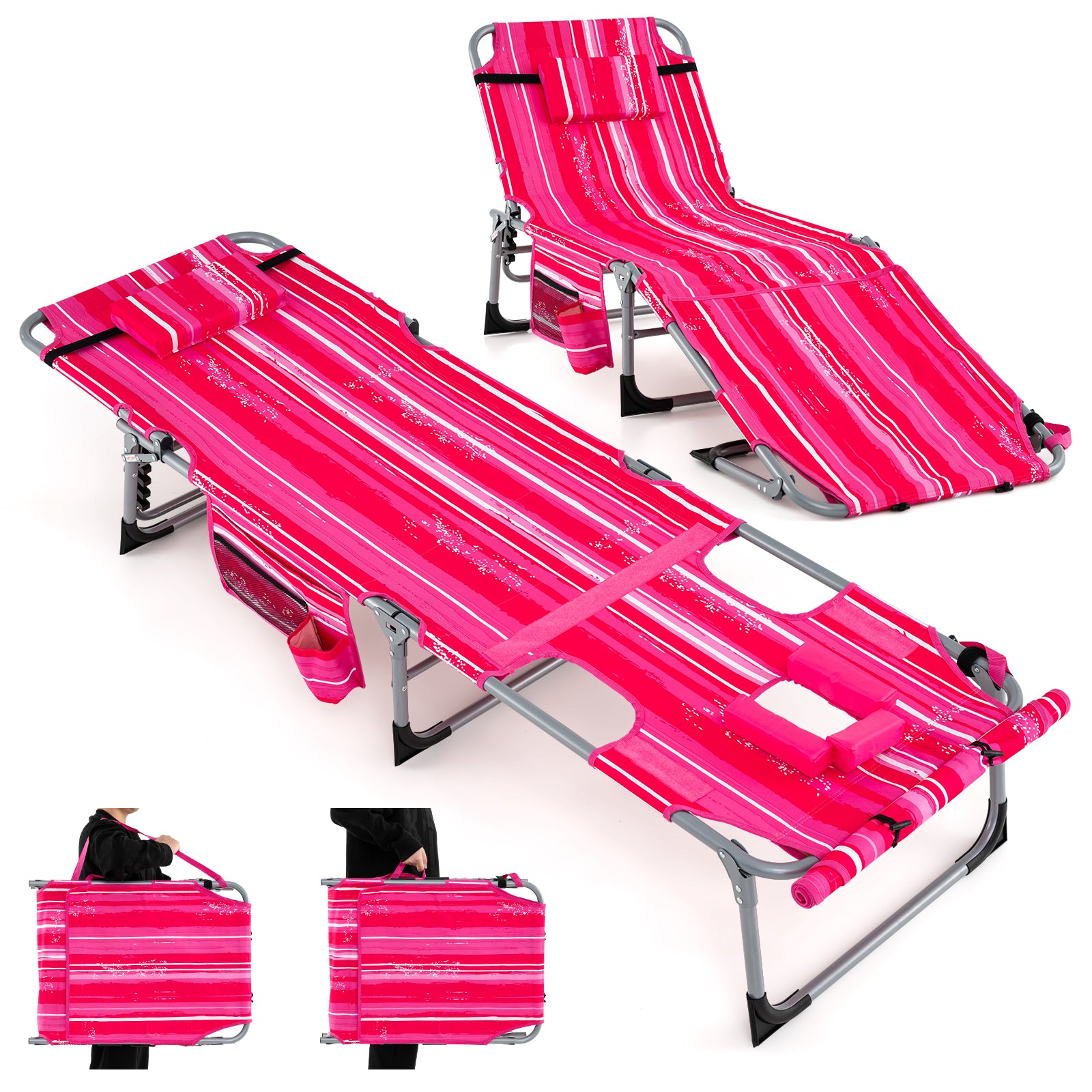 5-position Outdoor Folding Chaise Lounge Chair-Blue - Rose Red