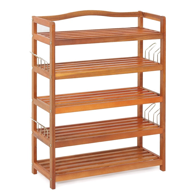 2-Tier Acacia Wood Shoe Rack with 4 Side Metal Hooks - Tier Acacia Wood Shoe Rack With Side Metal Hooks