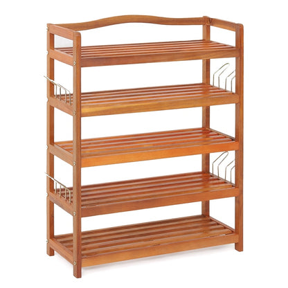 2-Tier Acacia Wood Shoe Rack with 4 Side Metal Hooks - Tier Acacia Wood Shoe Rack With Side Metal Hooks