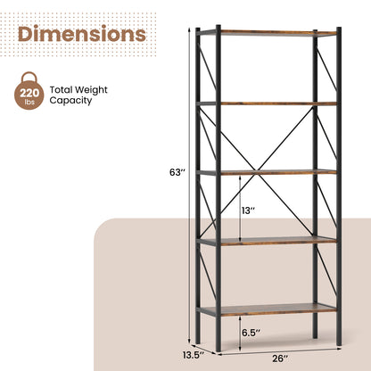 5-Tier Bookshelf with Open Shelves and Heavy Duty Metal Frame
