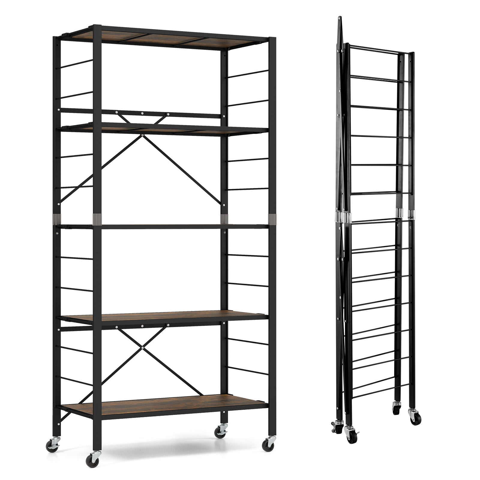 5-Tier Foldable Shelving Unit with Detachable Wheels and Anti-Toppling System-Black