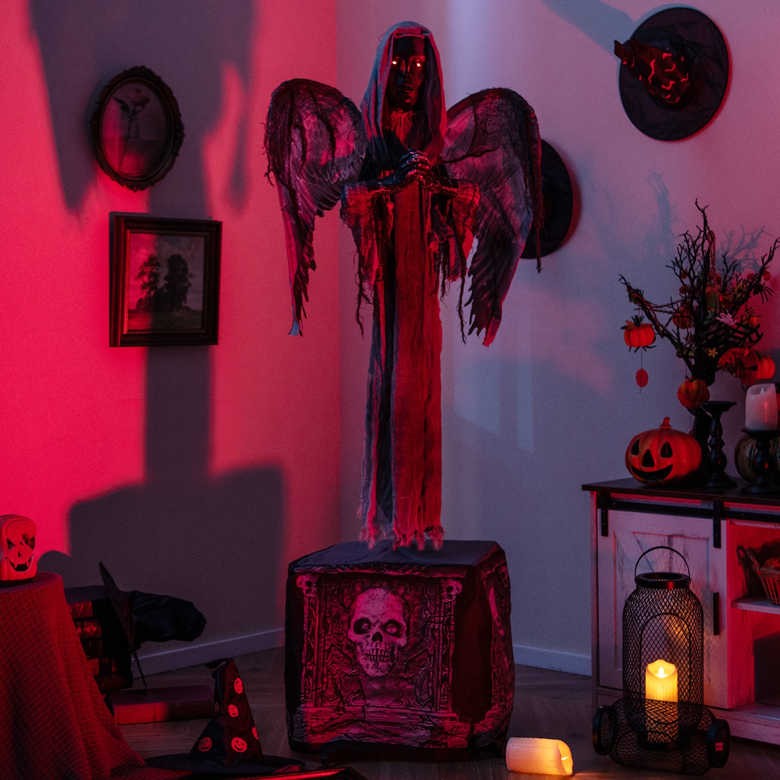 5.5ft Halloween Animatronic Decoration with Light Up Eyes and Shaking Wings