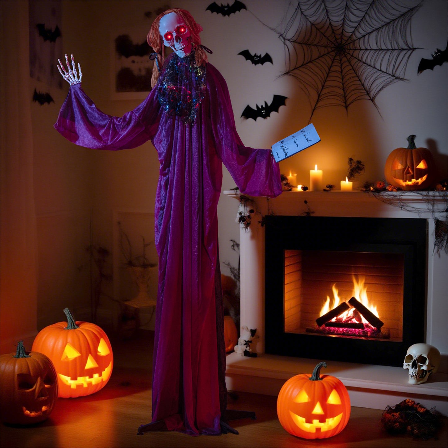 6 Feet Halloween Animatronic Standing Girl Holding Book with Sound-Activated Light-up Eyes and Moving Arms & Head