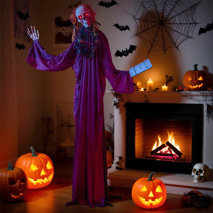 6 Feet Halloween Animatronic Standing Girl Holding Book with Sound-Activated Light-up Eyes and Moving Arms & Head