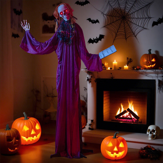 6 Feet Halloween Animatronic Standing Girl Holding Book with Sound-Activated Light-up Eyes and Moving Arms & Head