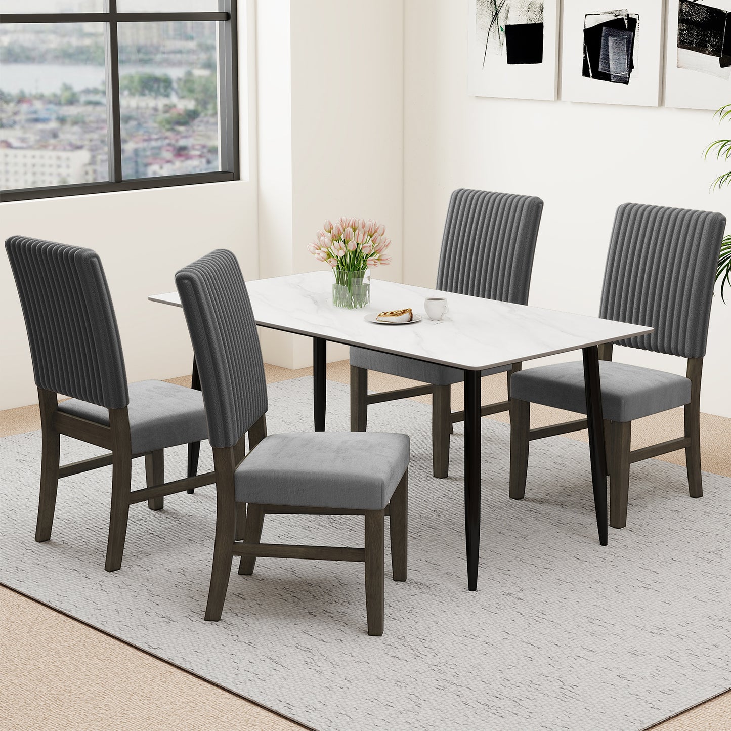 Dining Chair Set of 2 Mid-Century Modern Velvet Fabric Upholstered Chairs-Grey