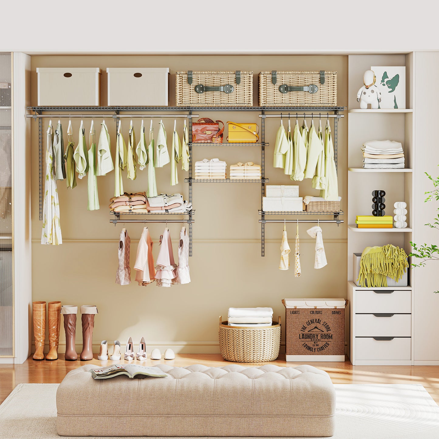4-8 Feet Closet Organizers and Storage System with Hanging Rod for Laundry Bedroom-Grey