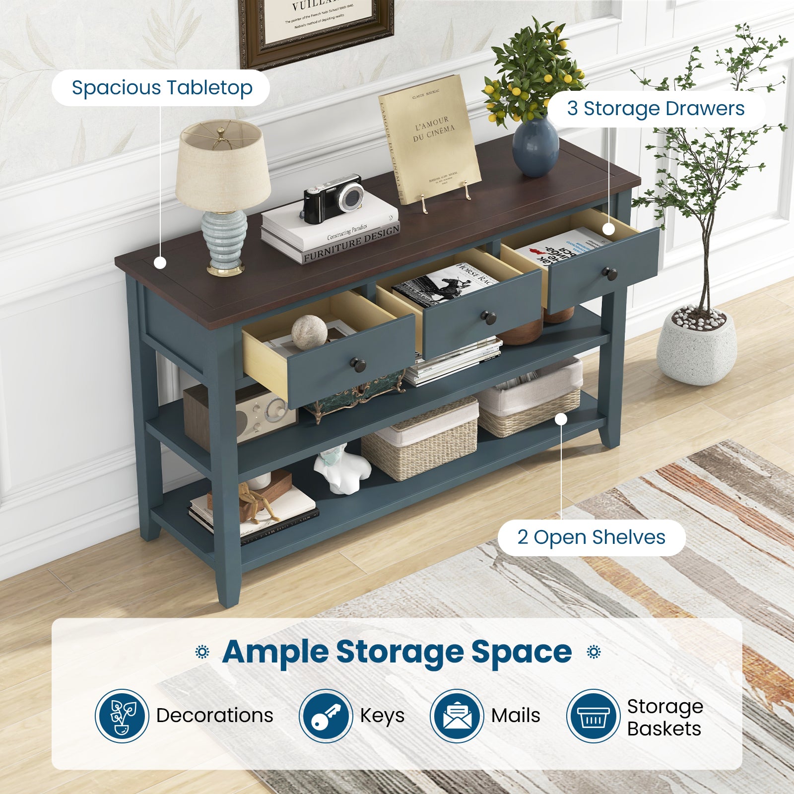 50 Inch Entryway Table Narrow Long Sofa Table with Drawers and Shelves-Dark Blue