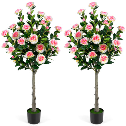 Artificial Camellia Tree with 27 Blossoms in Cement Pot