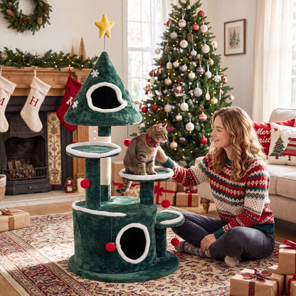 50" Christmas Cat Tree with 2 Condos & Scratching Post