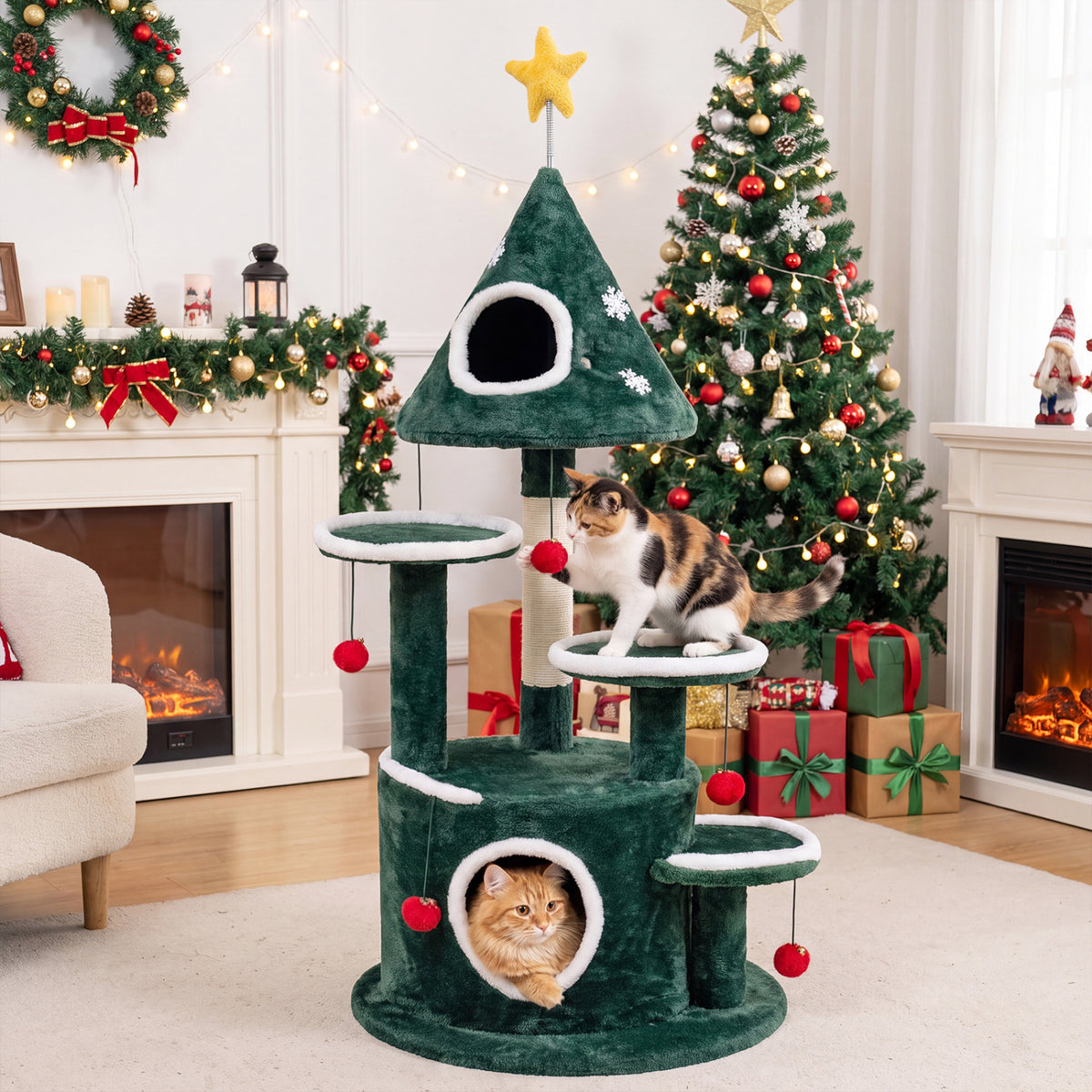50" Christmas Cat Tree with 2 Condos & Scratching Post