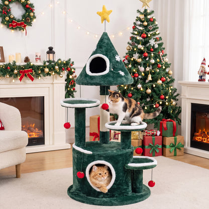 50" Christmas Cat Tree with 2 Condos & Scratching Post