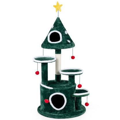 50" Christmas Cat Tree with 2 Condos & Scratching Post